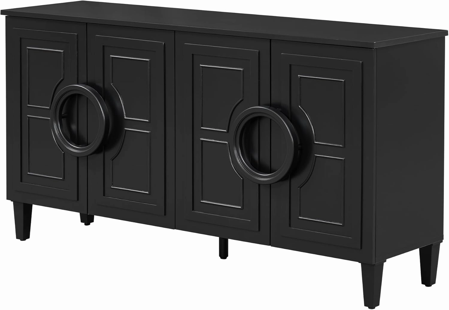 Ball & Cast Modern 4-Doors Sideboard Cabinet w/Special Round Ring Handle, Classic Wood Decorative Chest French Entryway Console Table for Kitchen Dining Room Living Room Hallway, Black