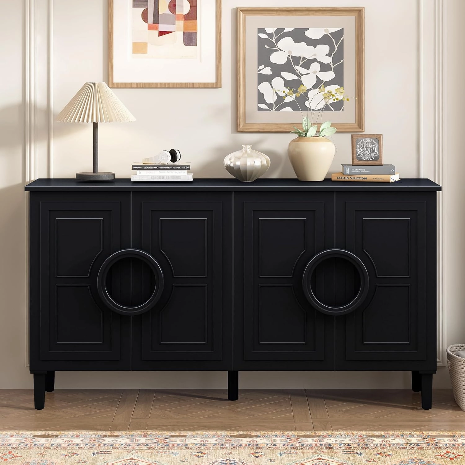 Ball & Cast Modern 4-Doors Sideboard Cabinet w/Special Round Ring Handle, Classic Wood Decorative Chest French Entryway Console Table for Kitchen Dining Room Living Room Hallway, Black