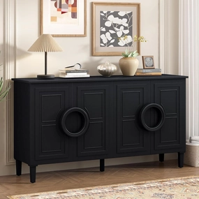 Ball & Cast Modern 4-Doors Sideboard Cabinet w/Special Round Ring Handle, Classic Wood Decorative Chest French Entryway Console Table for Kitchen Dining Room Living Room Hallway, Black
