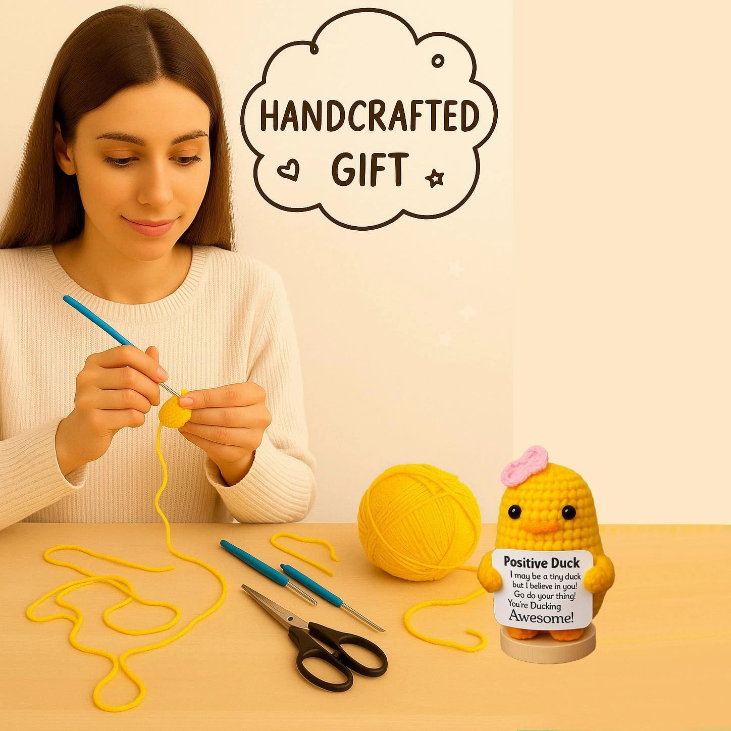Ballazio Positive Duck Crochet Doll for Emotional Support,Cute Motivational décor for Office Desk,Inspirational Gifts for Teenage,Women,Birthday Present with Cheer and Encouragement (Love)
