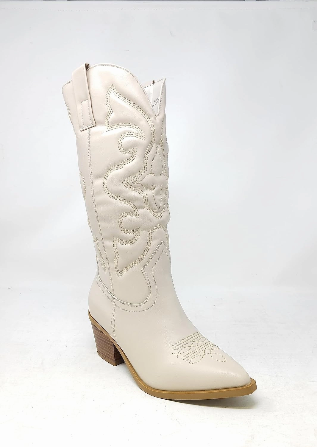 BAMBOO Women's Western Cowboy Boots Mid Calf High Cowgirl Boots Embroidered Pointed Toe Chunky Heel Fashion Retro Classic Boot Pull On Mindful-04