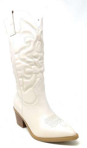 BAMBOO Women's Western Cowboy Boots Mid Calf High Cowgirl Boots Embroidered Pointed Toe Chunky Heel Fashion Retro Classic Boot Pull On Mindful-04