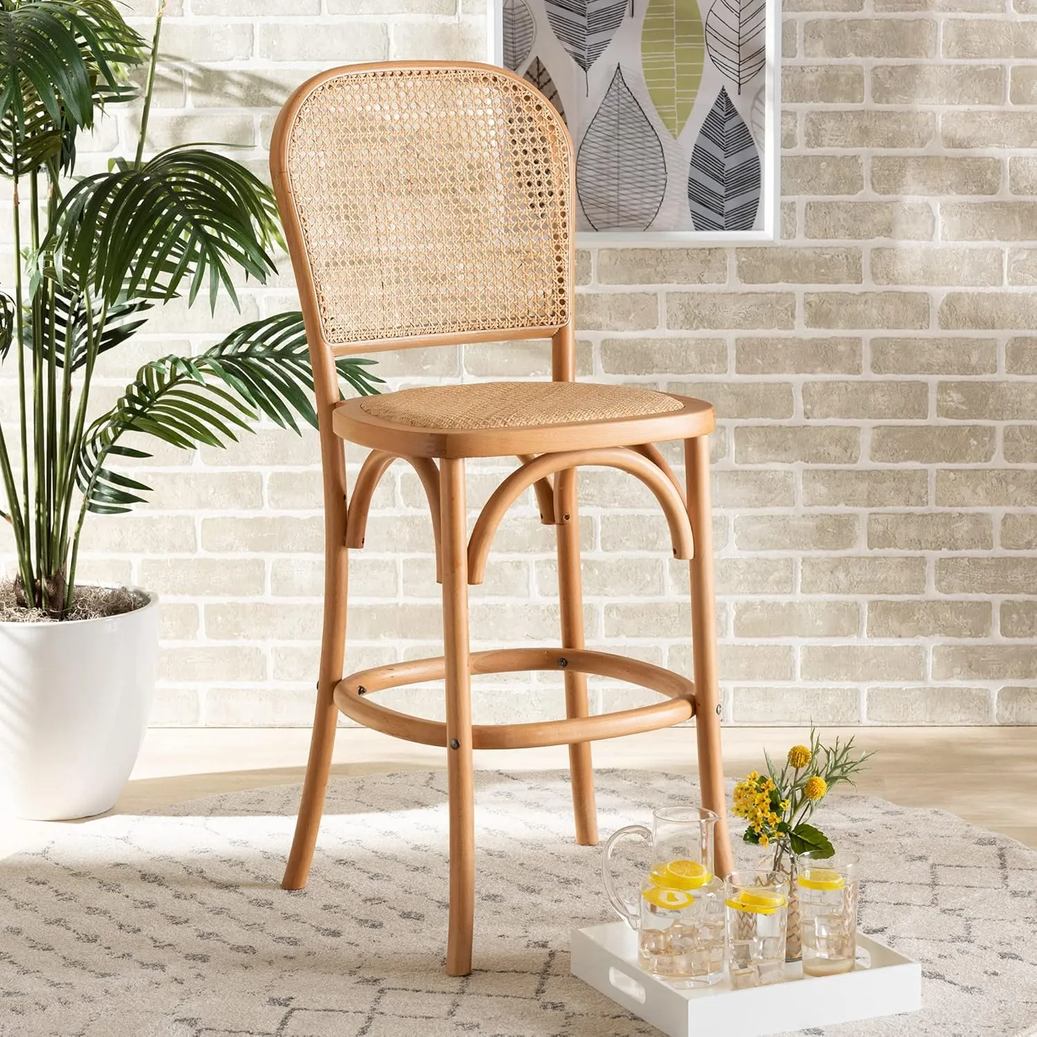Baxton Studio Vance Mid-Century Modern Brown Woven Rattan and Brown Wood Cane Counter Stool