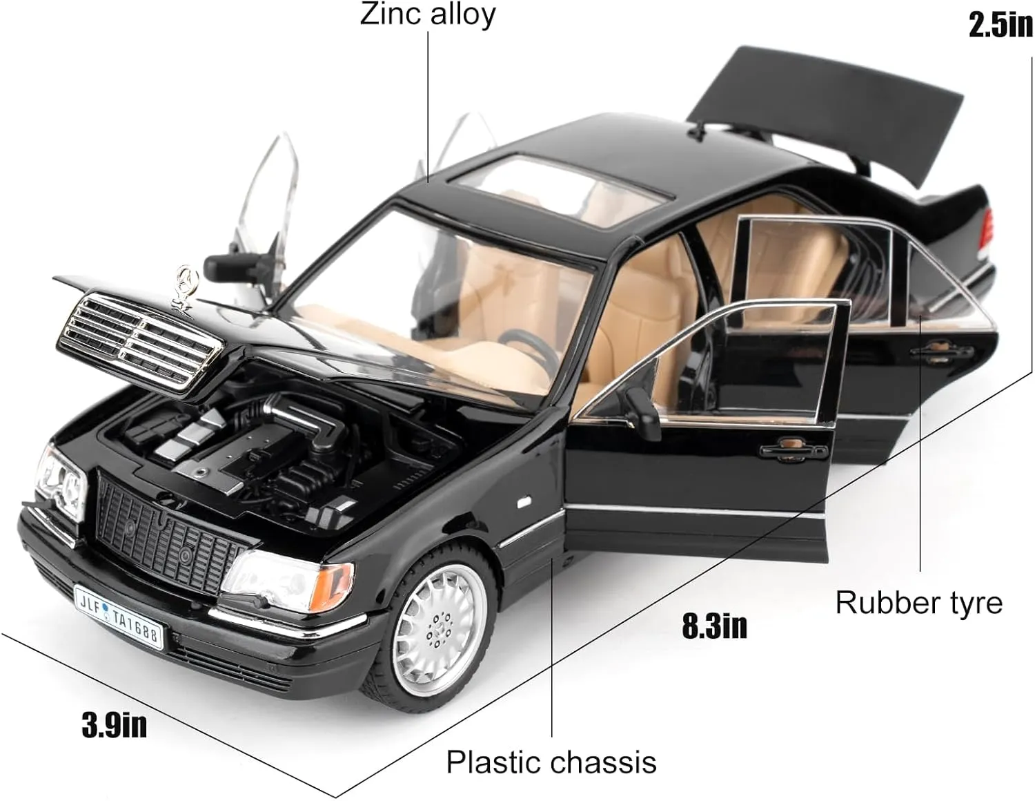 BDTCTK Compatible for 1:24 Benz W140 S320 Model Car, Diecast Collectible Pull Back Toy Car, Retro Classic Car with Sound and Light for Adults Kids Boys Girls, Gift Black