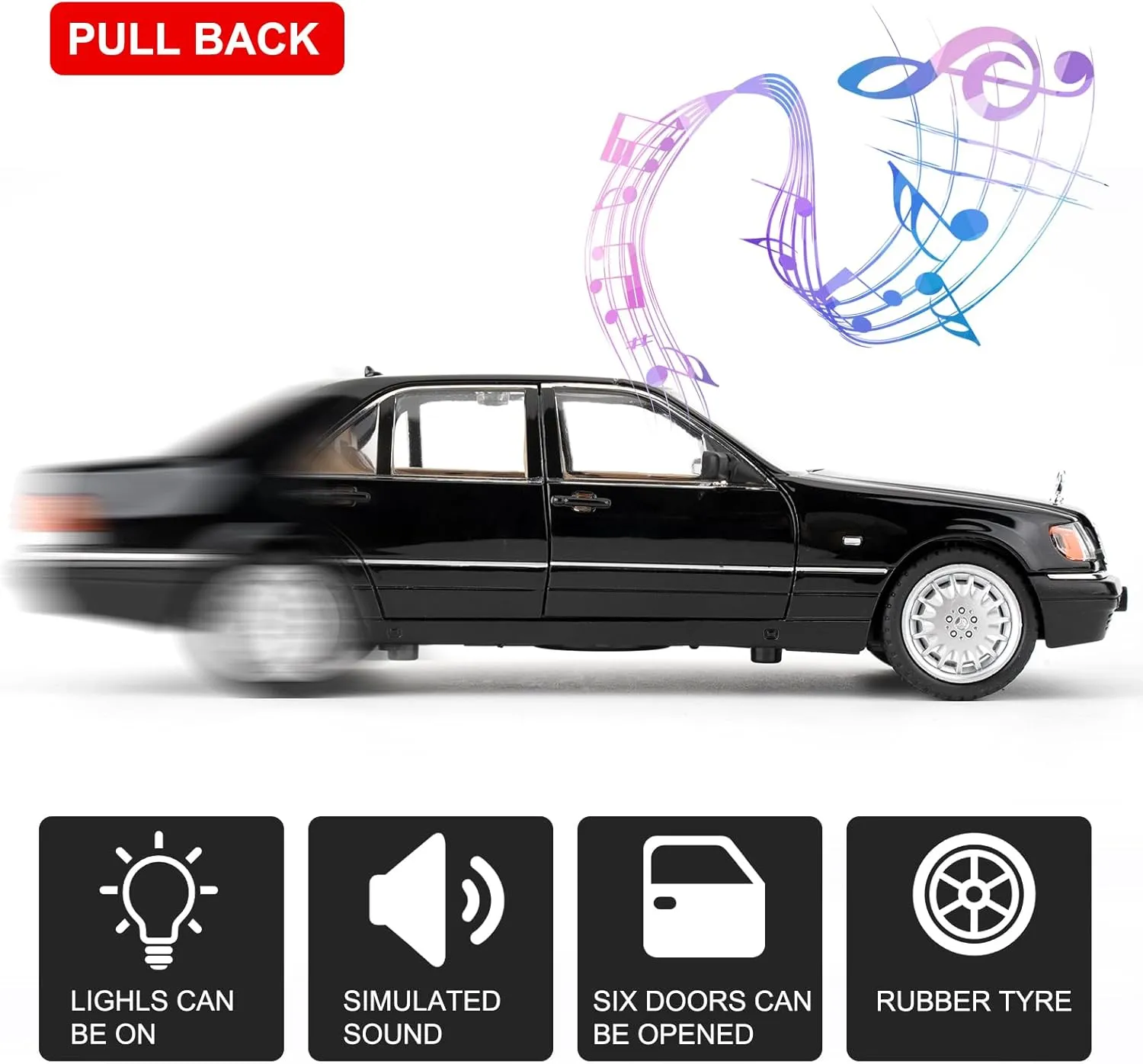 BDTCTK Compatible for 1:24 Benz W140 S320 Model Car, Diecast Collectible Pull Back Toy Car, Retro Classic Car with Sound and Light for Adults Kids Boys Girls, Gift Black