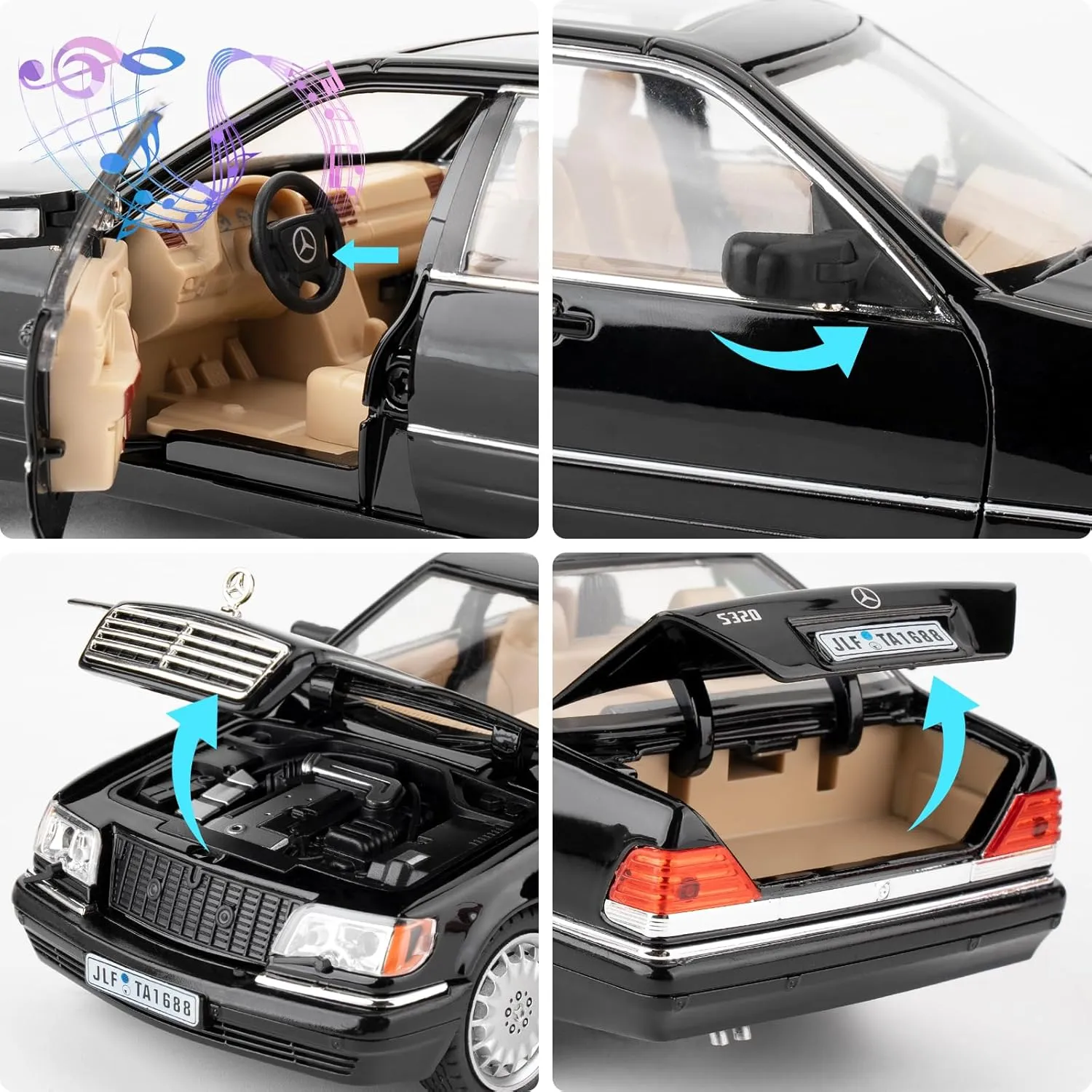 BDTCTK Compatible for 1:24 Benz W140 S320 Model Car, Diecast Collectible Pull Back Toy Car, Retro Classic Car with Sound and Light for Adults Kids Boys Girls, Gift Black