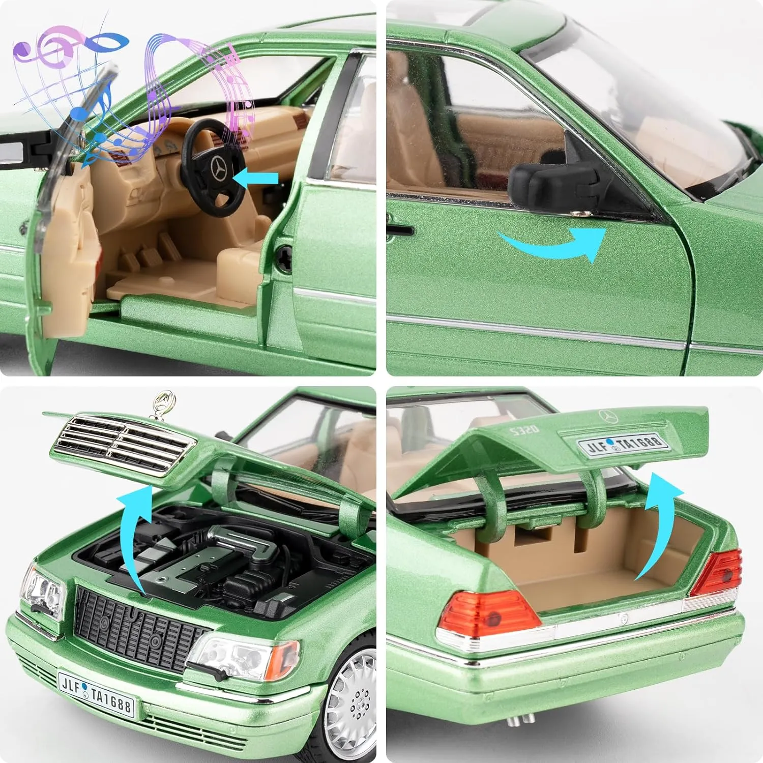 BDTCTK Compatible for 1:24 Benz W140 S320 Model Car, Diecast Collectible Pull Back Toy Car, Retro Classic Car with Sound and Light for Adults Kids Boys Girls, Gift Green