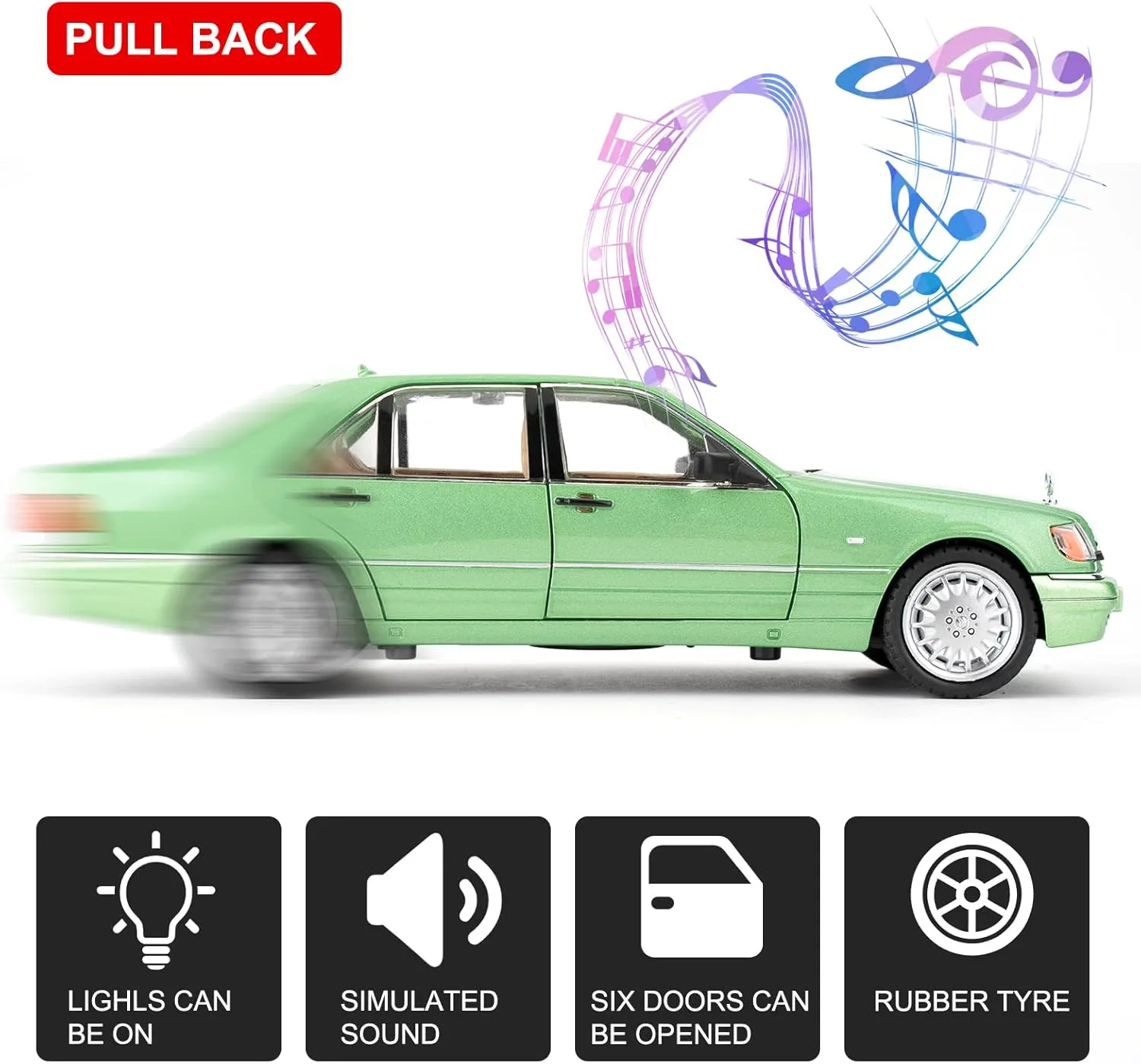 BDTCTK Compatible for 1:24 Benz W140 S320 Model Car, Diecast Collectible Pull Back Toy Car, Retro Classic Car with Sound and Light for Adults Kids Boys Girls, Gift Green