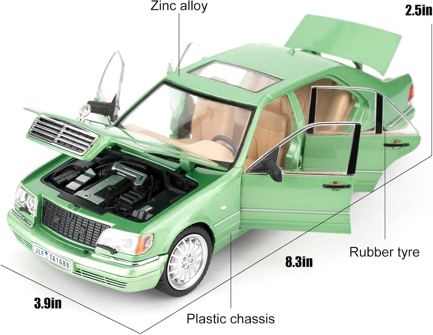 BDTCTK Compatible for 1:24 Benz W140 S320 Model Car, Diecast Collectible Pull Back Toy Car, Retro Classic Car with Sound and Light for Adults Kids Boys Girls, Gift Green