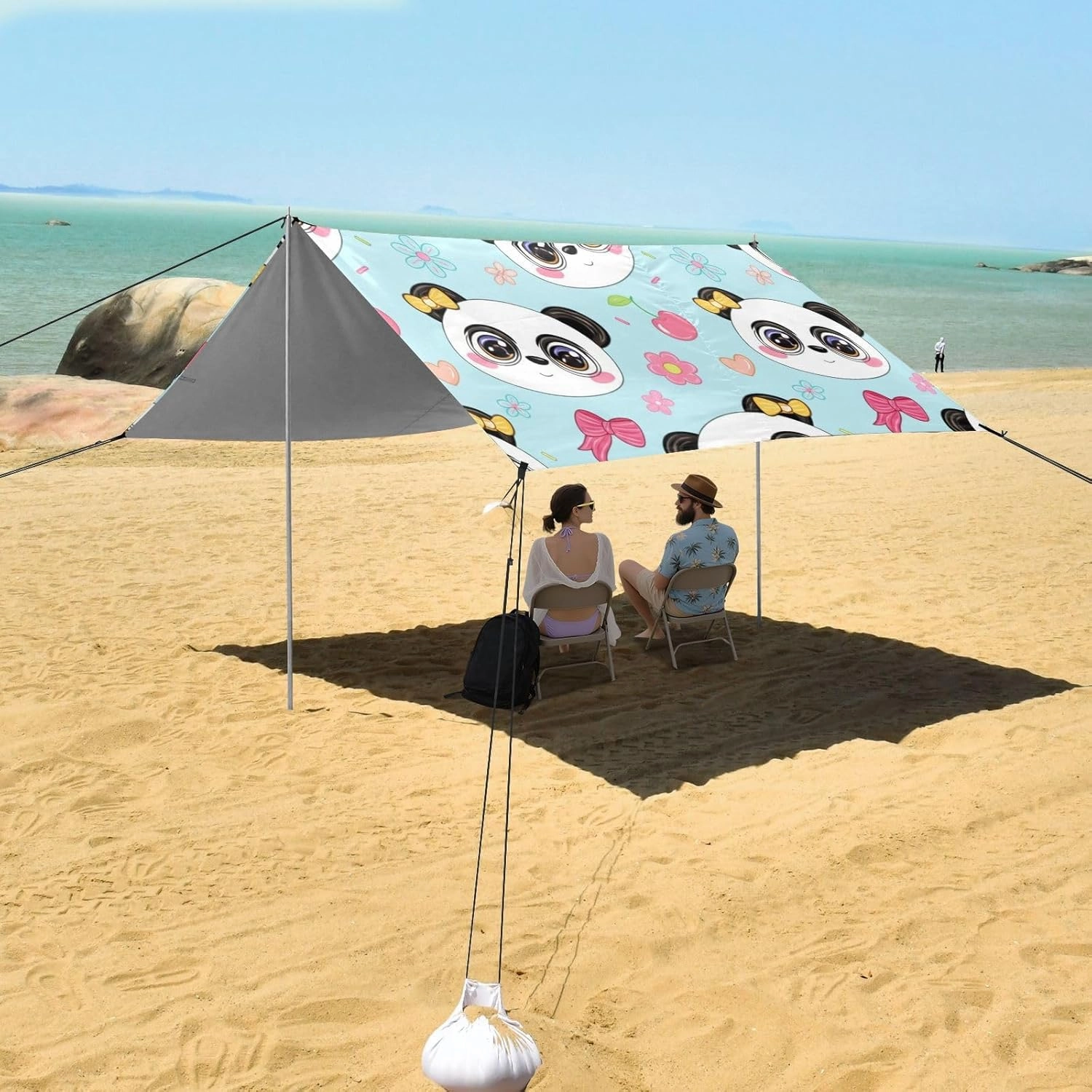 Beach Canopy Tent Sun Shade Outdoor Patio Print Travel Camping Sun Shelter with Sandbags Anchor Windproof 9.2 × 10.5 FT Cute Cartoon Panda Faces Blue