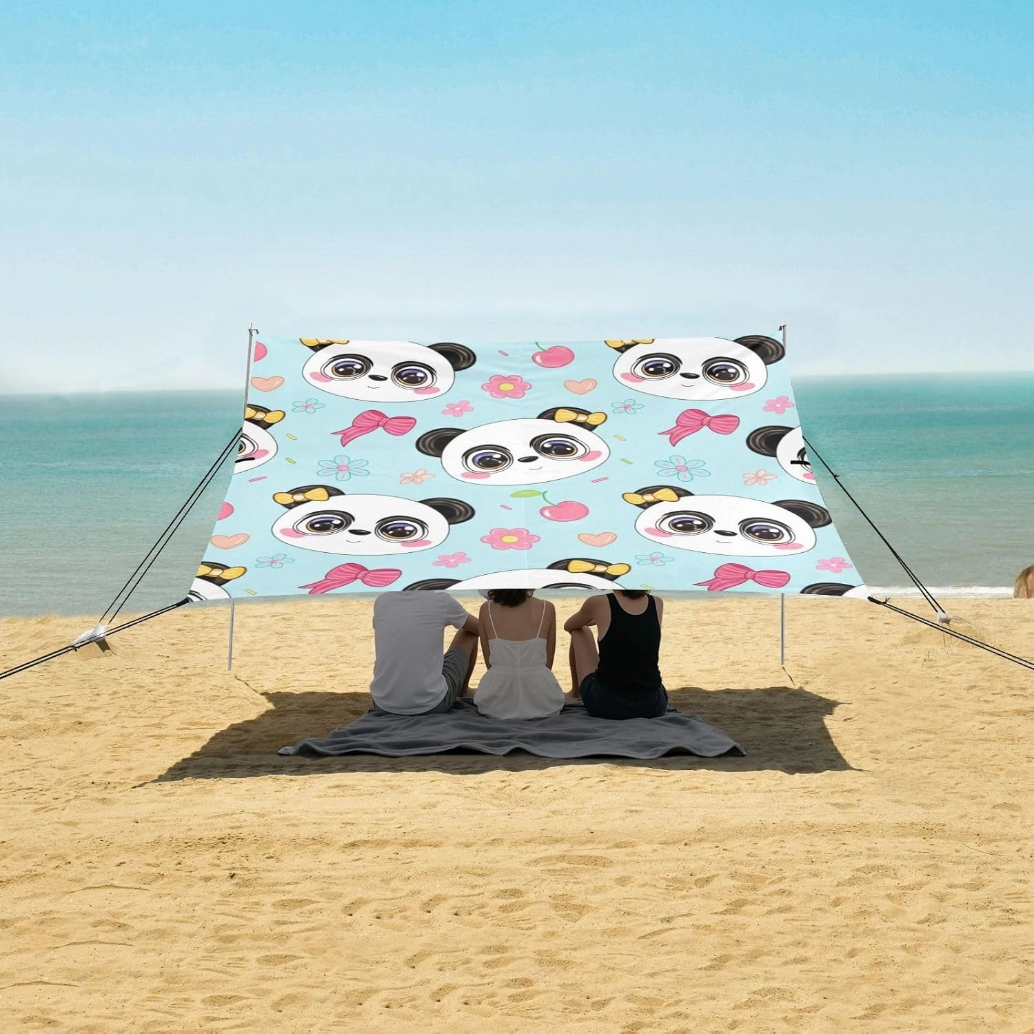 Beach Canopy Tent Sun Shade Outdoor Patio Print Travel Camping Sun Shelter with Sandbags Anchor Windproof 9.2 × 10.5 FT Cute Cartoon Panda Faces Blue