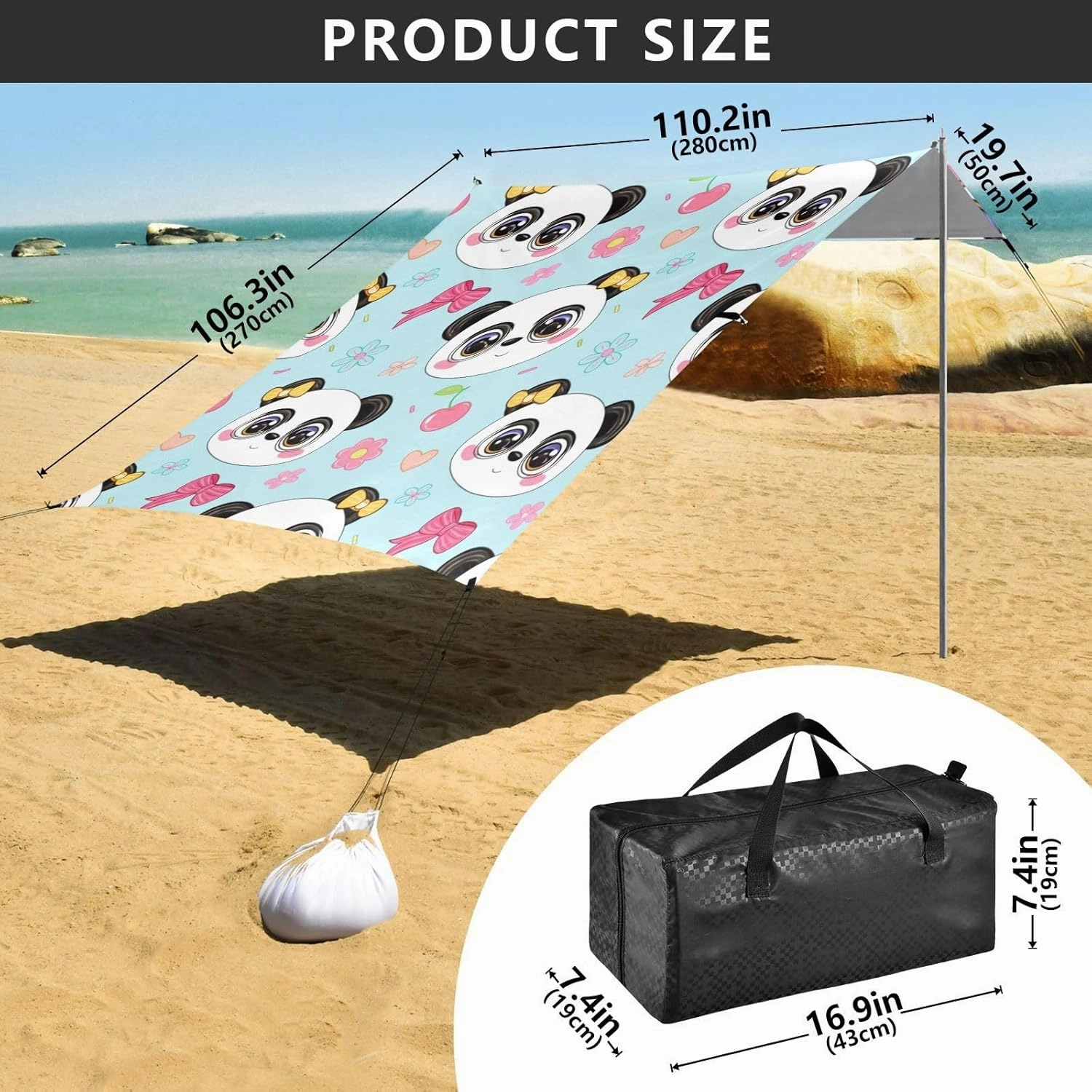 Beach Canopy Tent Sun Shade Outdoor Patio Print Travel Camping Sun Shelter with Sandbags Anchor Windproof 9.2 × 10.5 FT Cute Cartoon Panda Faces Blue