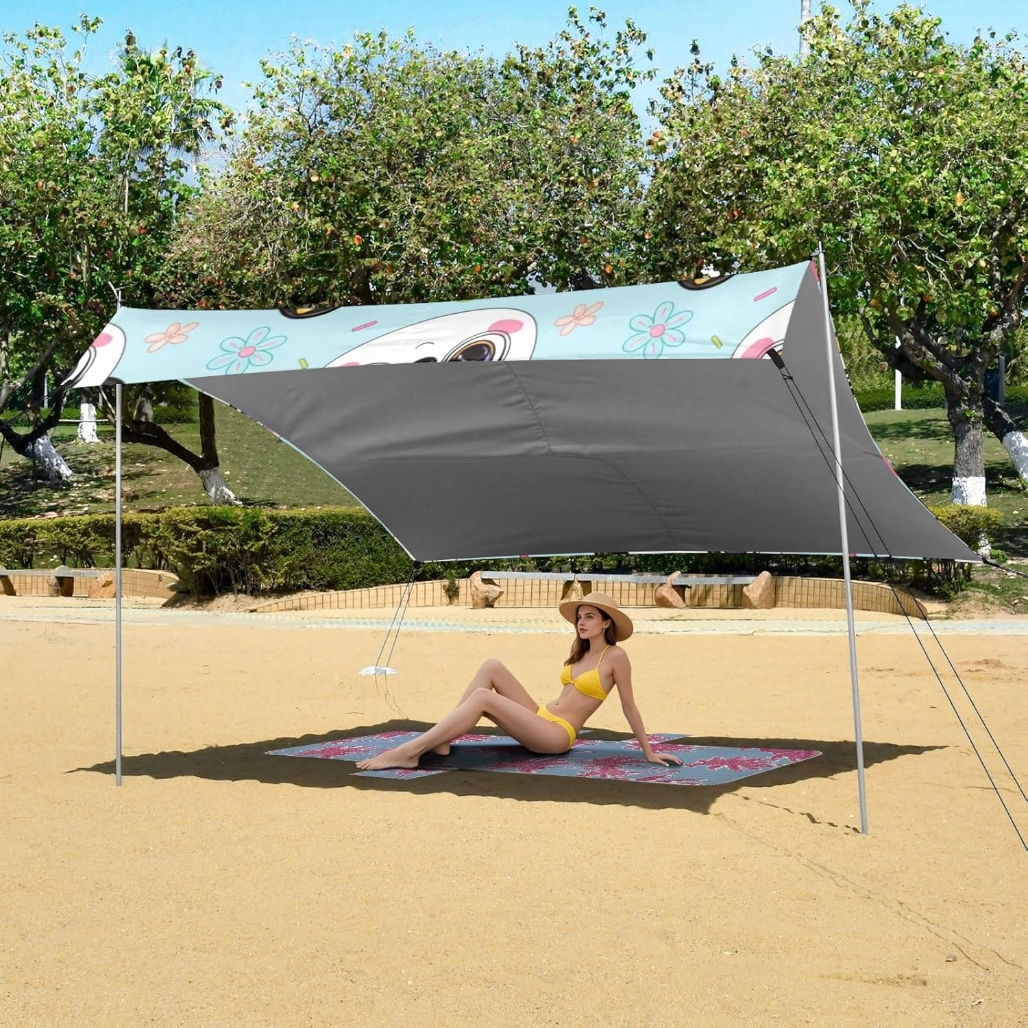 Beach Canopy Tent Sun Shade Outdoor Patio Print Travel Camping Sun Shelter with Sandbags Anchor Windproof 9.2 × 10.5 FT Cute Cartoon Panda Faces Blue