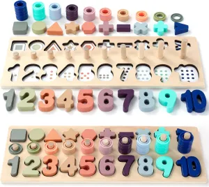 BEKILOLE Wooden Montessori Toys for Kids Number Puzzles Sorter Counting Shape Stacking Preschool Toys for Boy Girl Toddler Learning Math Blocks 3  Year Old Girl Gifts