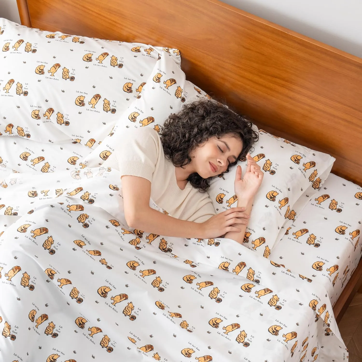 Berkshire Blanket Life is Good® Microfiber Sheets, Full Size - 4 Pieces, Life is Good® Mini Winnie and Hunny Toss White, Cute Character Snoopy Printed Soft Microfiber Bed Sheets