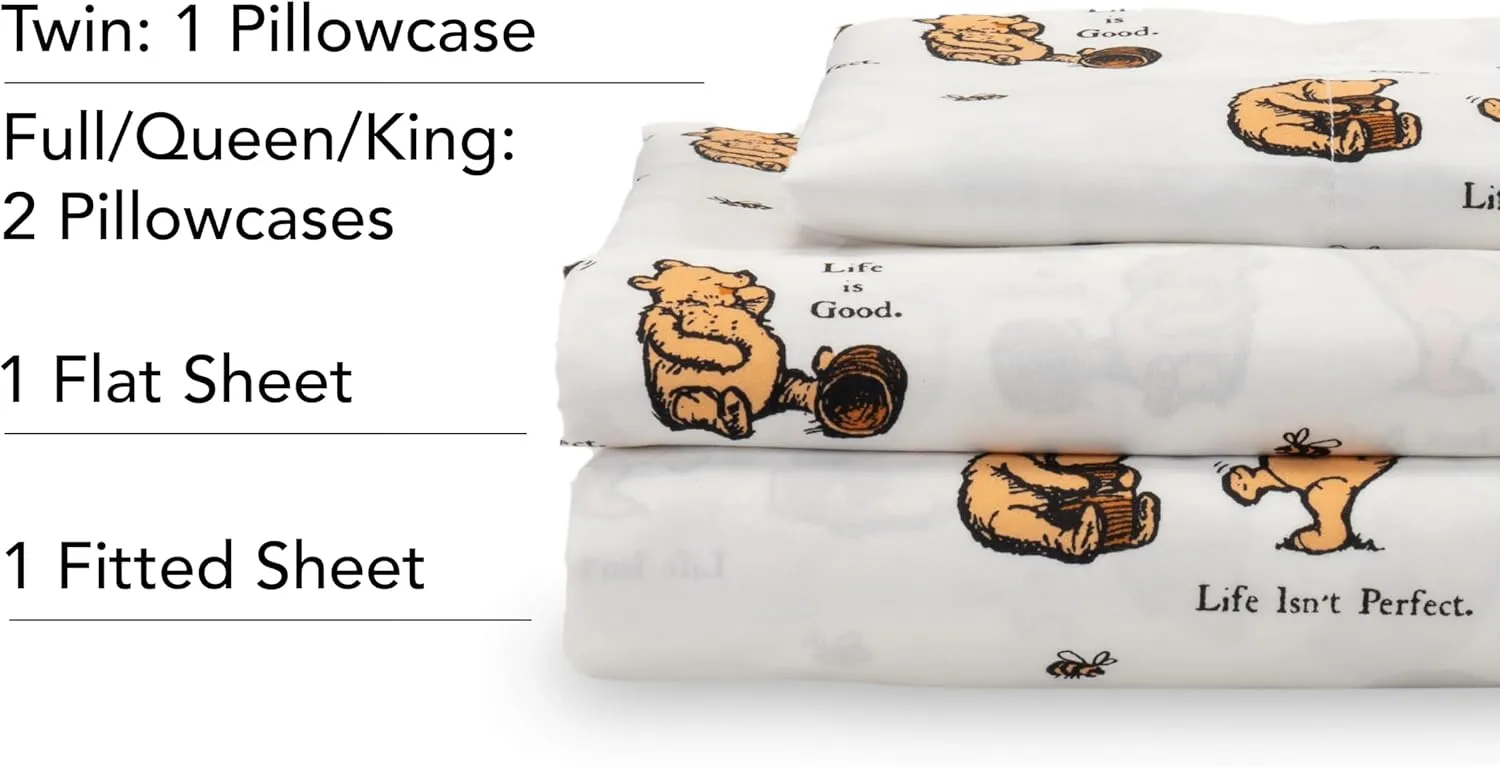 Berkshire Blanket Life is Good® Microfiber Sheets, Full Size - 4 Pieces, Life is Good® Mini Winnie and Hunny Toss White, Cute Character Snoopy Printed Soft Microfiber Bed Sheets