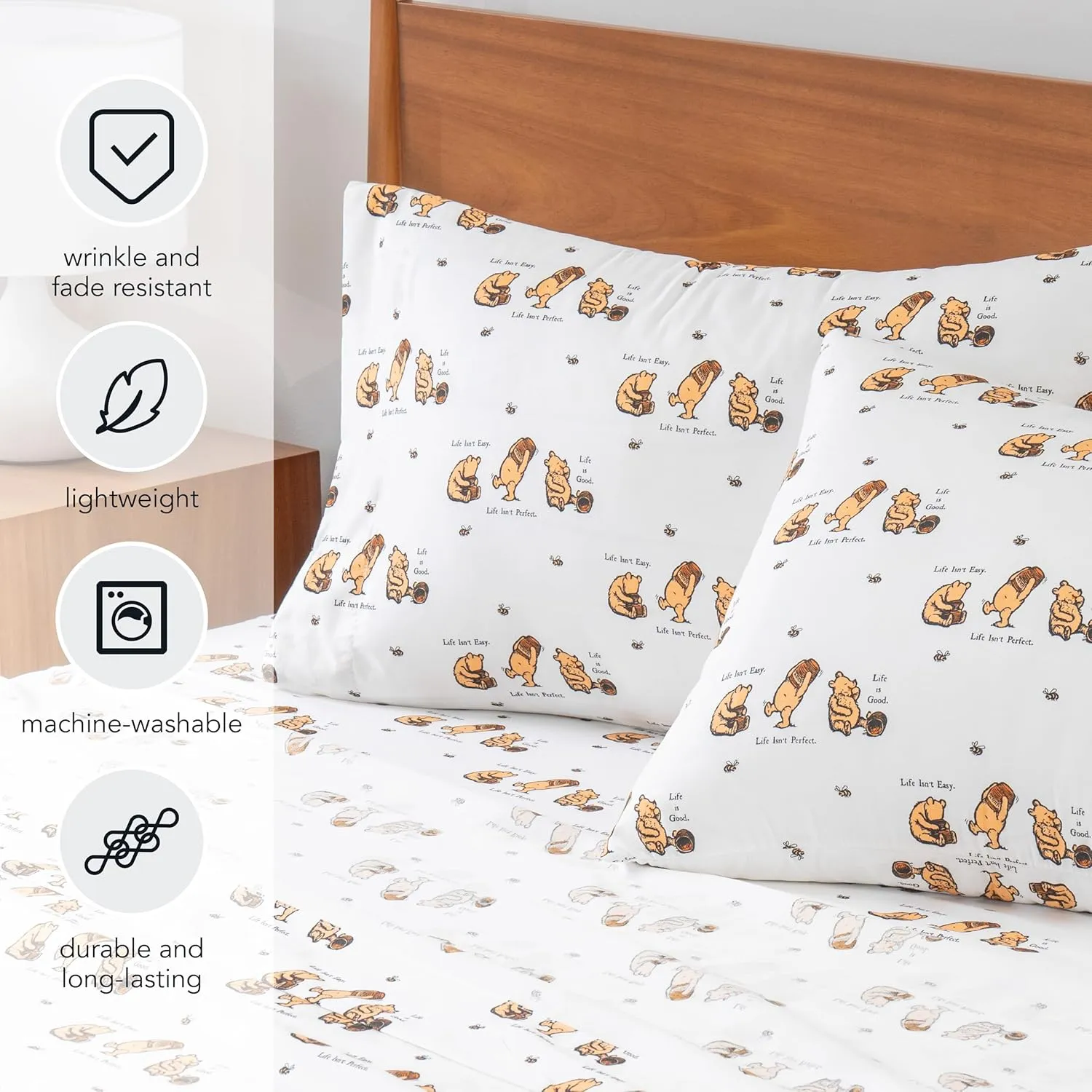 Berkshire Blanket Life is Good® Microfiber Sheets, Full Size - 4 Pieces, Life is Good® Mini Winnie and Hunny Toss White, Cute Character Snoopy Printed Soft Microfiber Bed Sheets