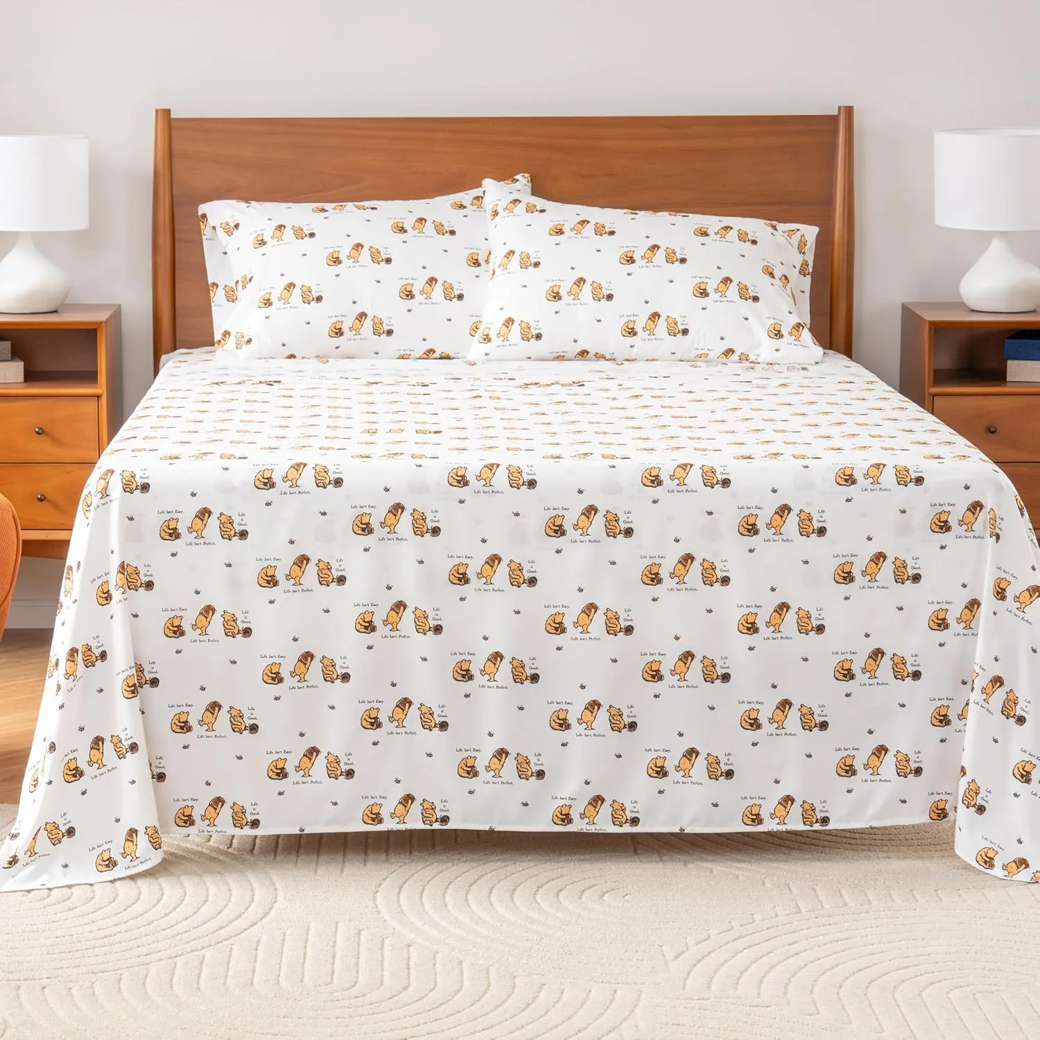 Berkshire Blanket Life is Good® Microfiber Sheets, Full Size - 4 Pieces, Life is Good® Mini Winnie and Hunny Toss White, Cute Character Snoopy Printed Soft Microfiber Bed Sheets