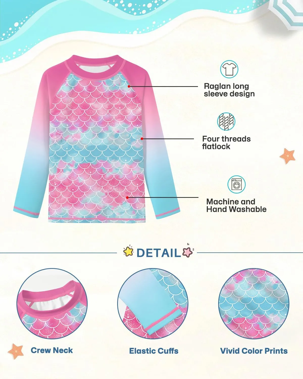 BesserBay Girls UV Protection Raglan Long Sleeve Rashguard Top 4-14 Years