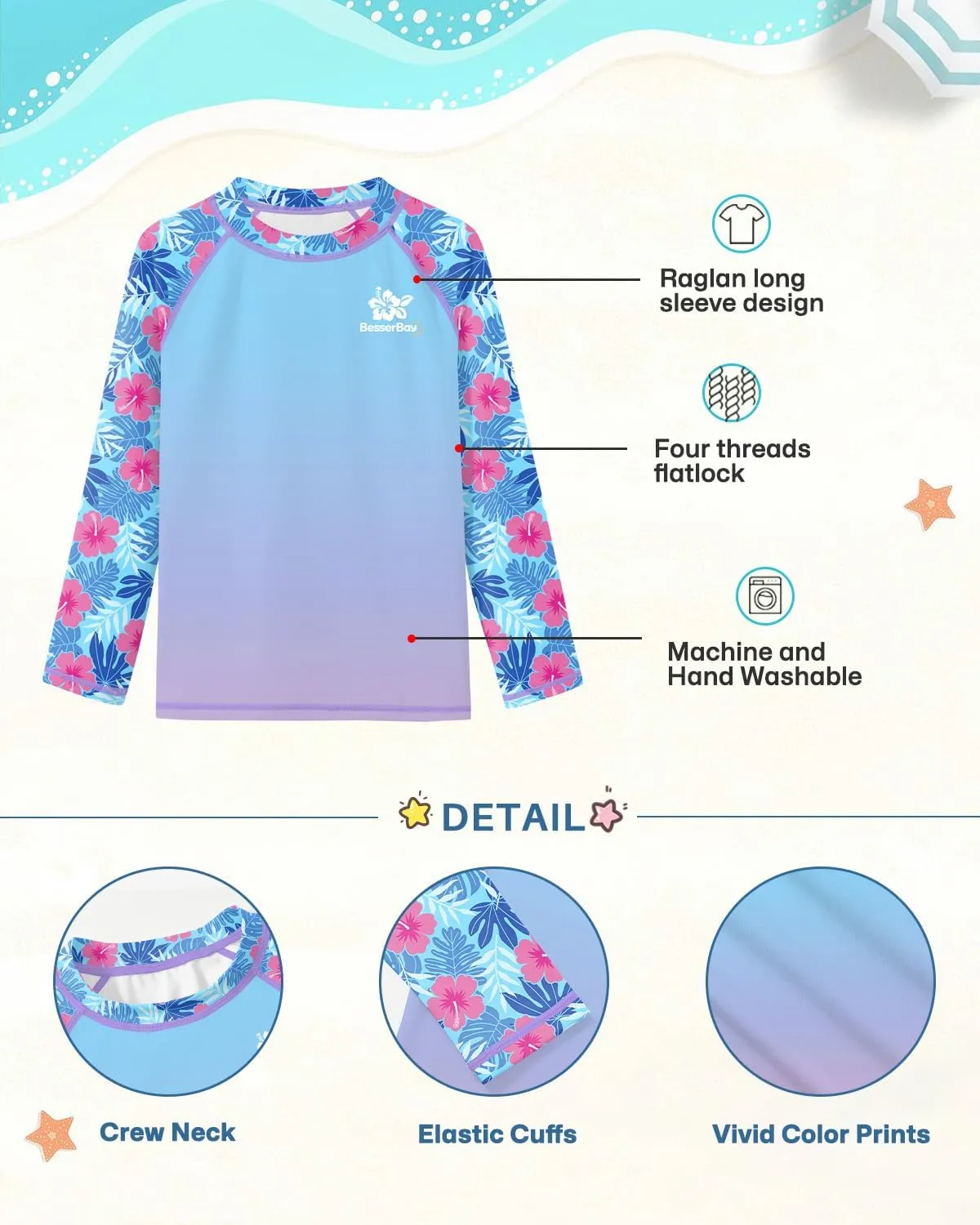 BesserBay Girls UV Protection Raglan Long Sleeve Rashguard Top 4-14 Years