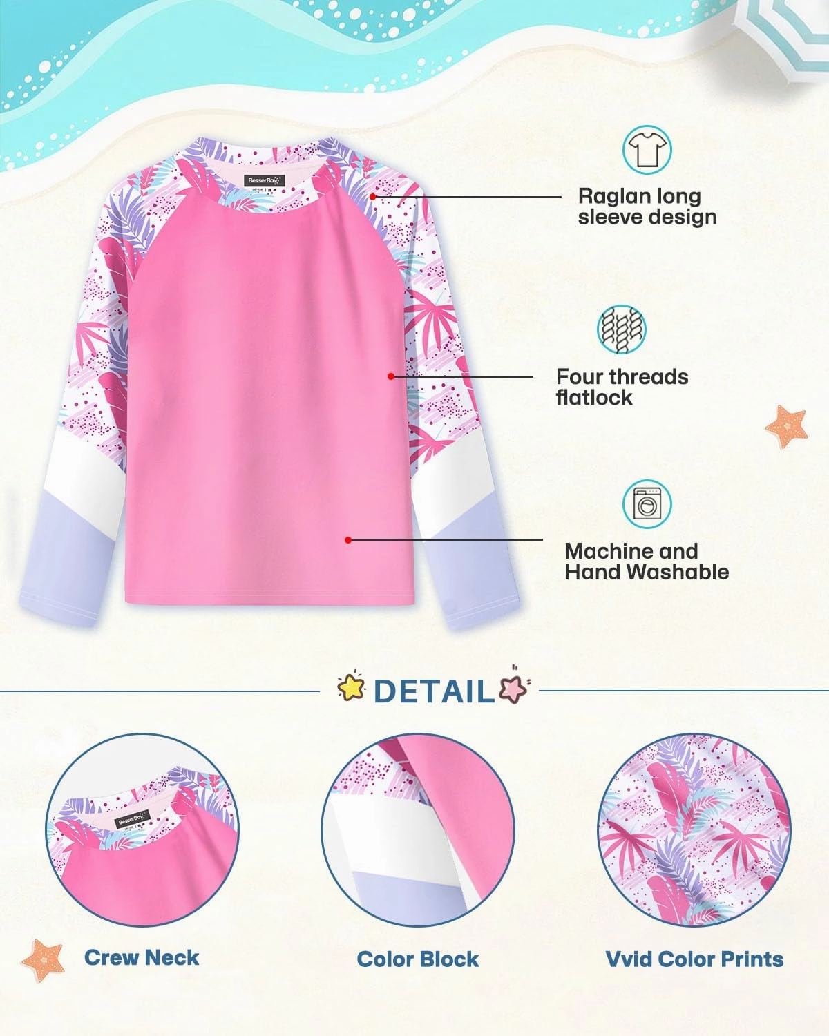 BesserBay Girl's UPF 50  Quick-Dry Tropical Long Sleeve Rash Guard Shirt 4-14 Years