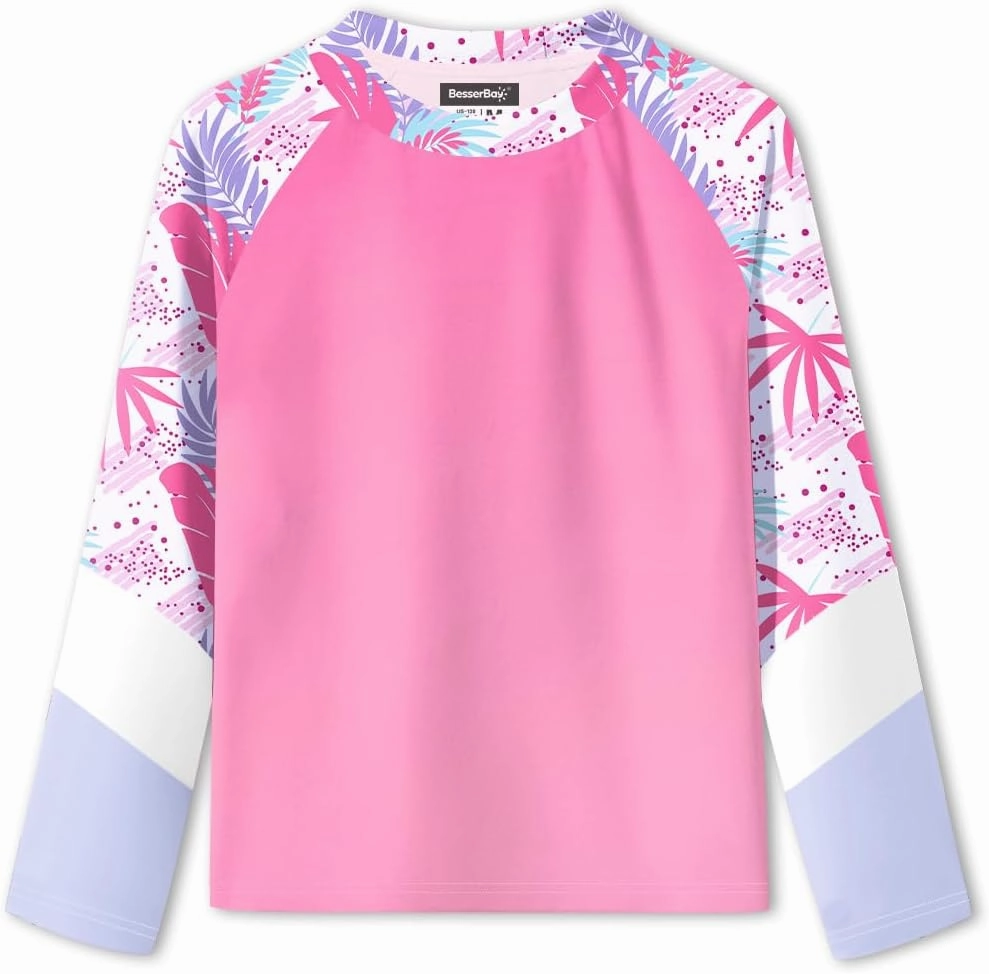 BesserBay Girl's UPF 50  Quick-Dry Tropical Long Sleeve Rash Guard Shirt 4-14 Years