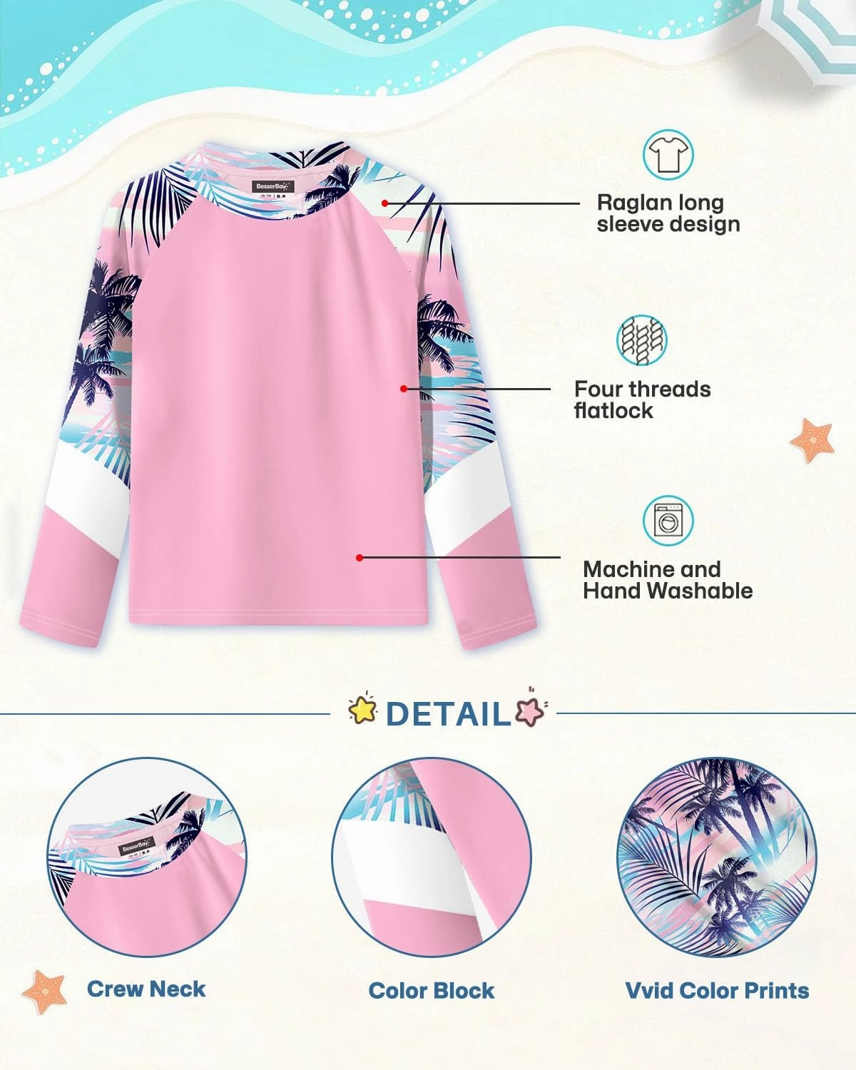 BesserBay Girl's UPF 50  Quick-Dry Tropical Long Sleeve Rash Guard Shirt 4-14 Years