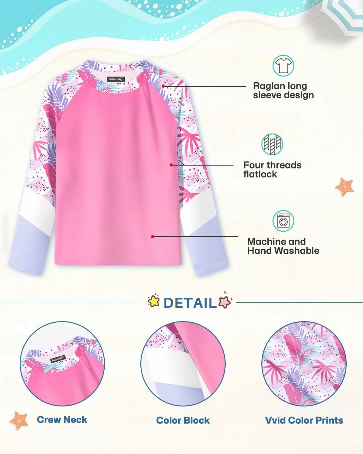 BesserBay Girl's UPF 50  Quick-Dry Tropical Long Sleeve Rash Guard Shirt 4-14 Years
