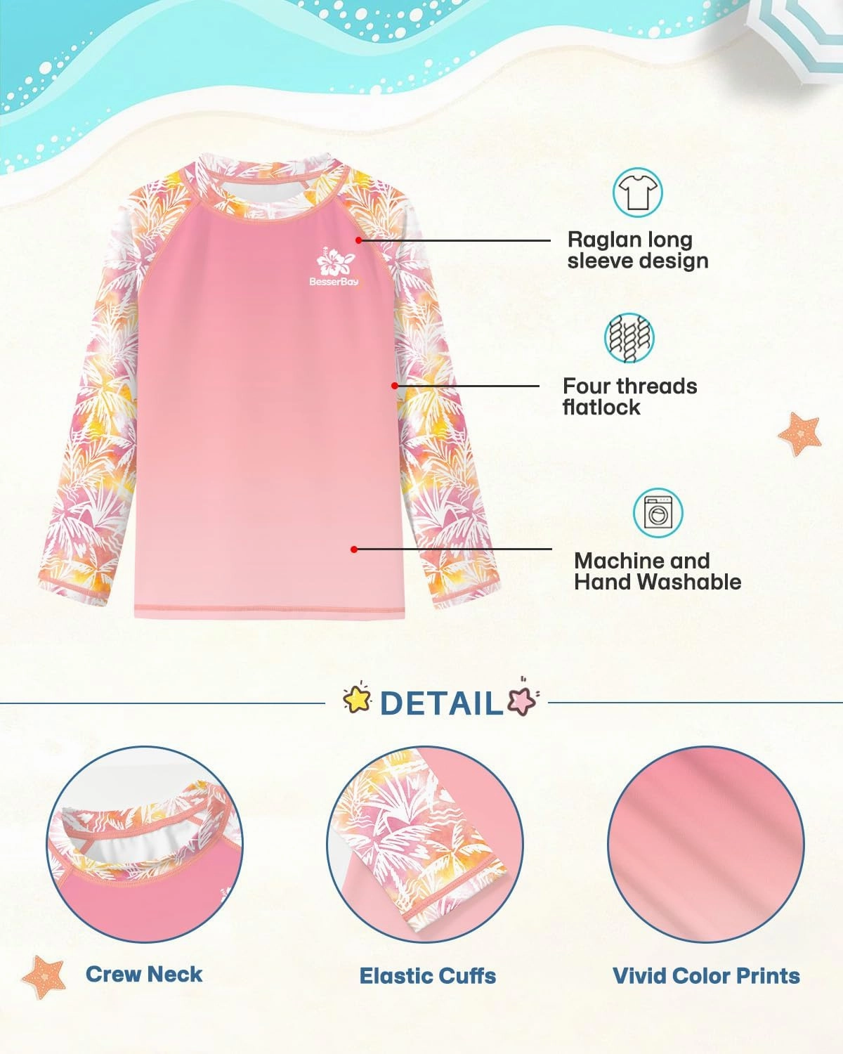 BesserBay Girls UV Protection Raglan Long Sleeve Rashguard Top 4-14 Years