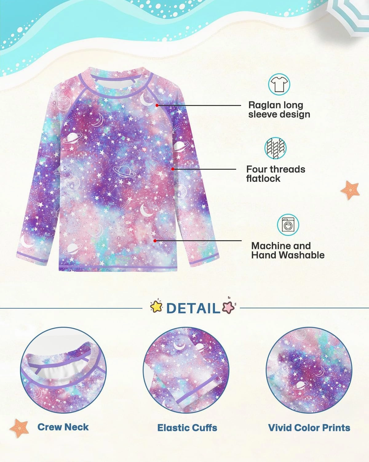 BesserBay Girls UV Protection Raglan Long Sleeve Rashguard Top 4-14 Years