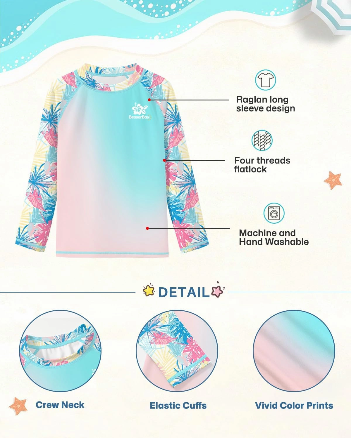 BesserBay Girls UV Protection Raglan Long Sleeve Rashguard Top 4-14 Years