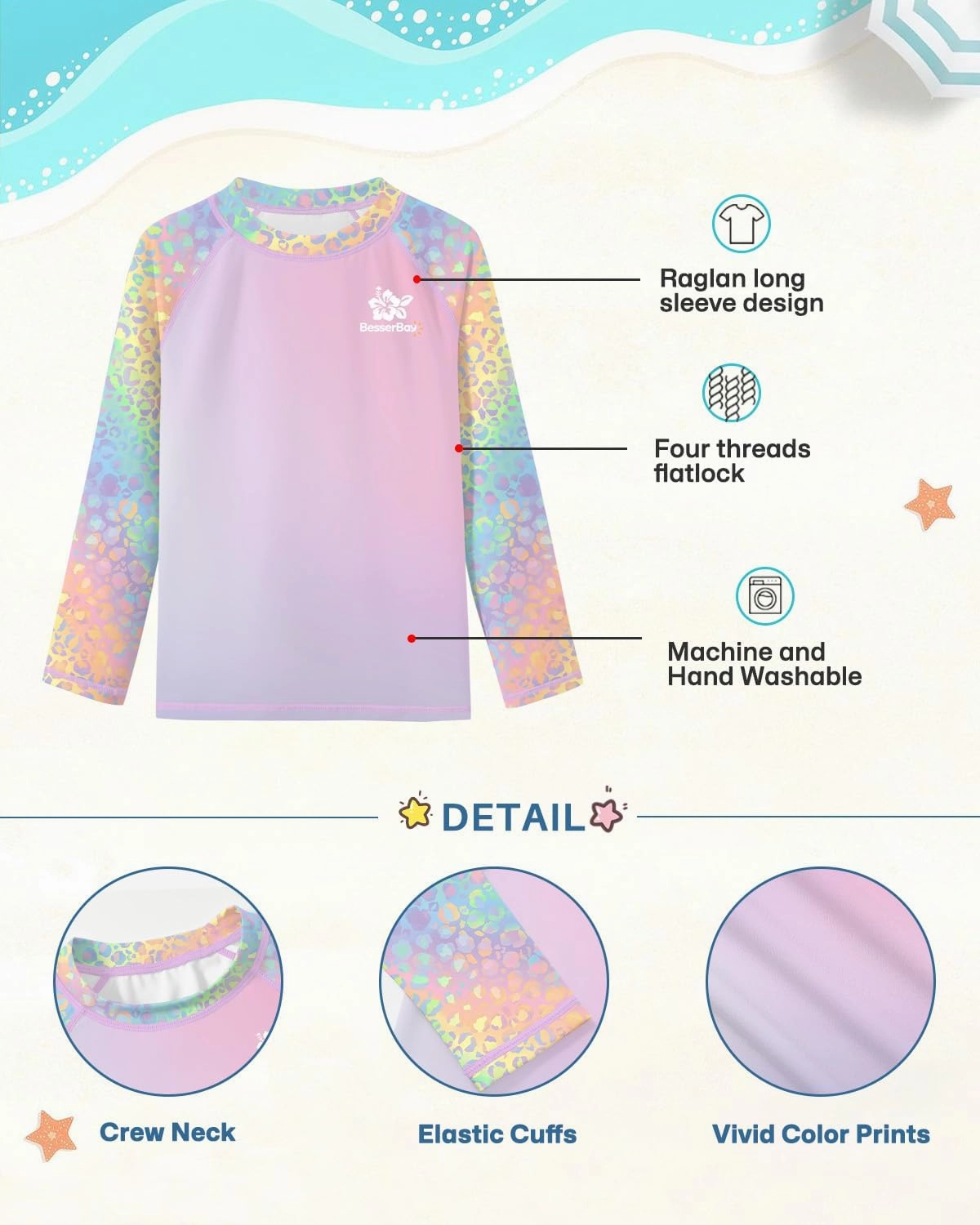 BesserBay Girls UV Protection Raglan Long Sleeve Rashguard Top 4-14 Years