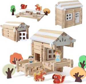 BESTAMTOY 75 PCS Wooden Log Cabin Set Building House Toy for Toddlers, Best Retro Building Gift Set for Boys/Girls Classical STEM Construction Kit Compatible for 3  Kids