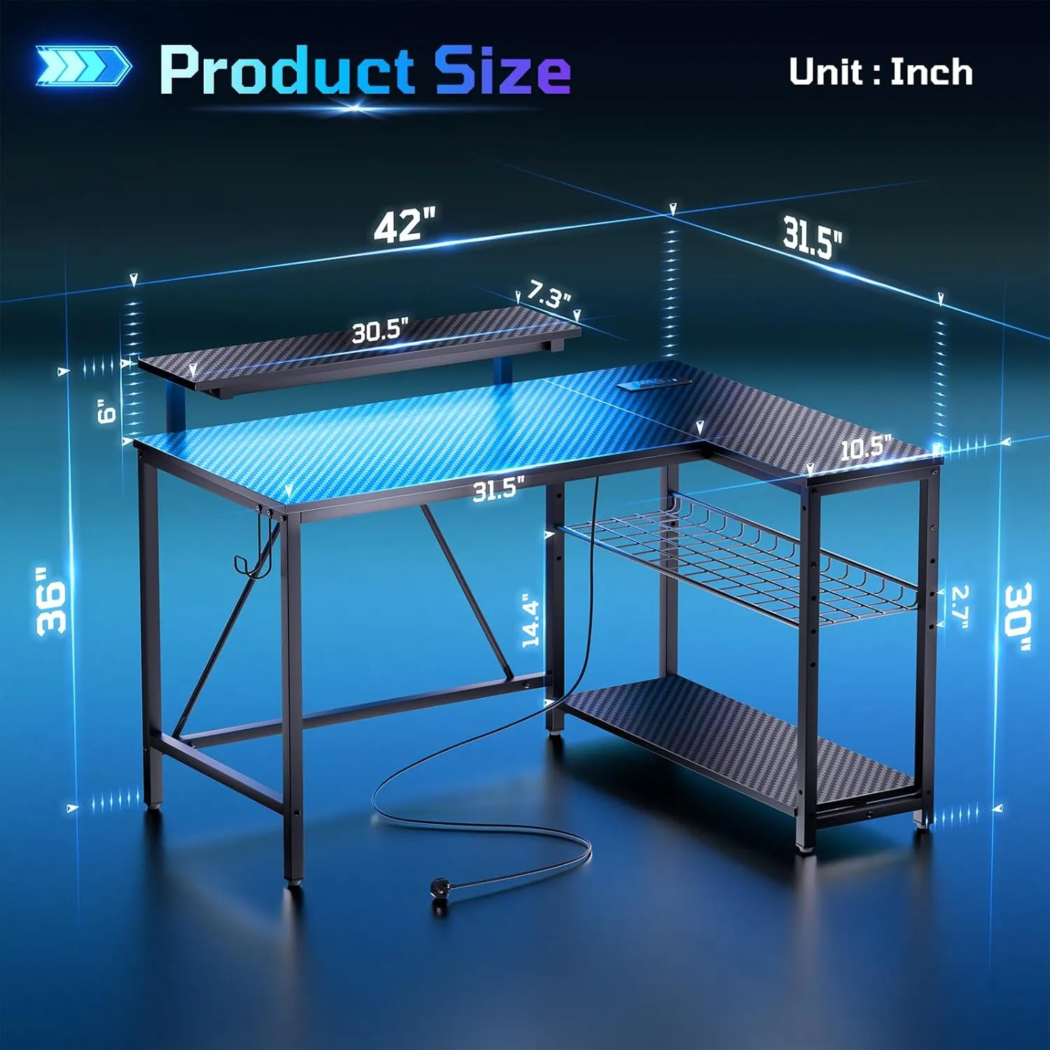 Bestier Gaming Desk with Power Outlets, 42" L-Shaped Gaming Desk with LED Lights, Desk with Reversible Storage Shelves & Hooks for Small Spaces, Bedrooms & Offices, Black Carbon Fiber