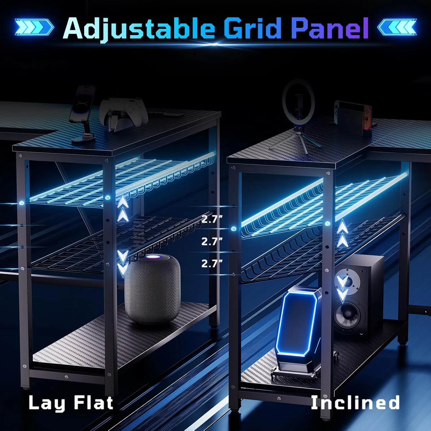 Bestier Gaming Desk with Power Outlets, 42" L-Shaped Gaming Desk with LED Lights, Desk with Reversible Storage Shelves & Hooks for Small Spaces, Bedrooms & Offices, Black Carbon Fiber