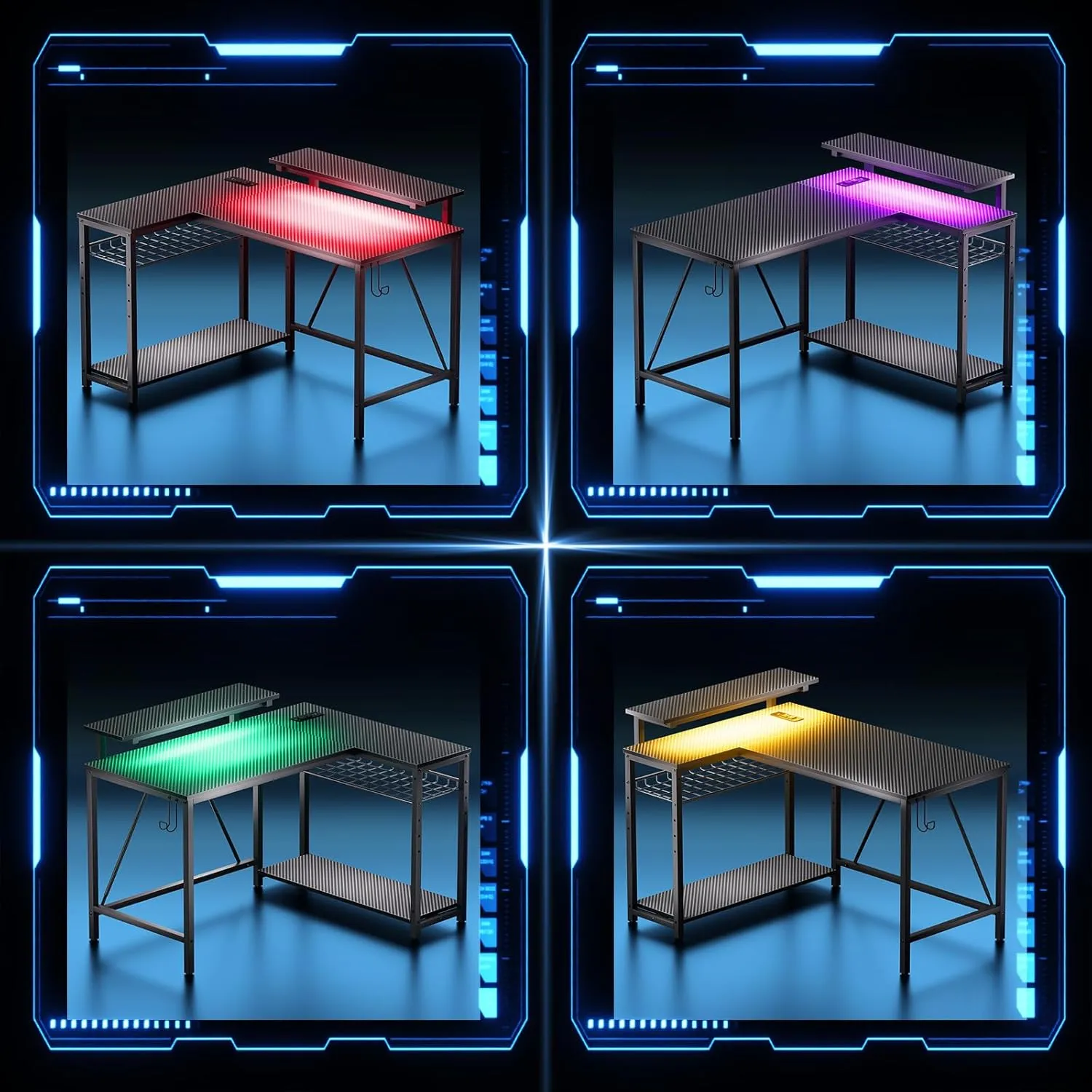 Bestier Gaming Desk with Power Outlets, 42" L-Shaped Gaming Desk with LED Lights, Desk with Reversible Storage Shelves & Hooks for Small Spaces, Bedrooms & Offices, Black Carbon Fiber