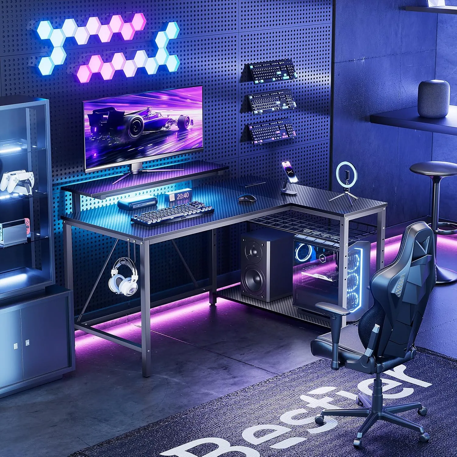 Bestier Gaming Desk with Power Outlets, 42" L-Shaped Gaming Desk with LED Lights, Desk with Reversible Storage Shelves & Hooks for Small Spaces, Bedrooms & Offices, Black Carbon Fiber
