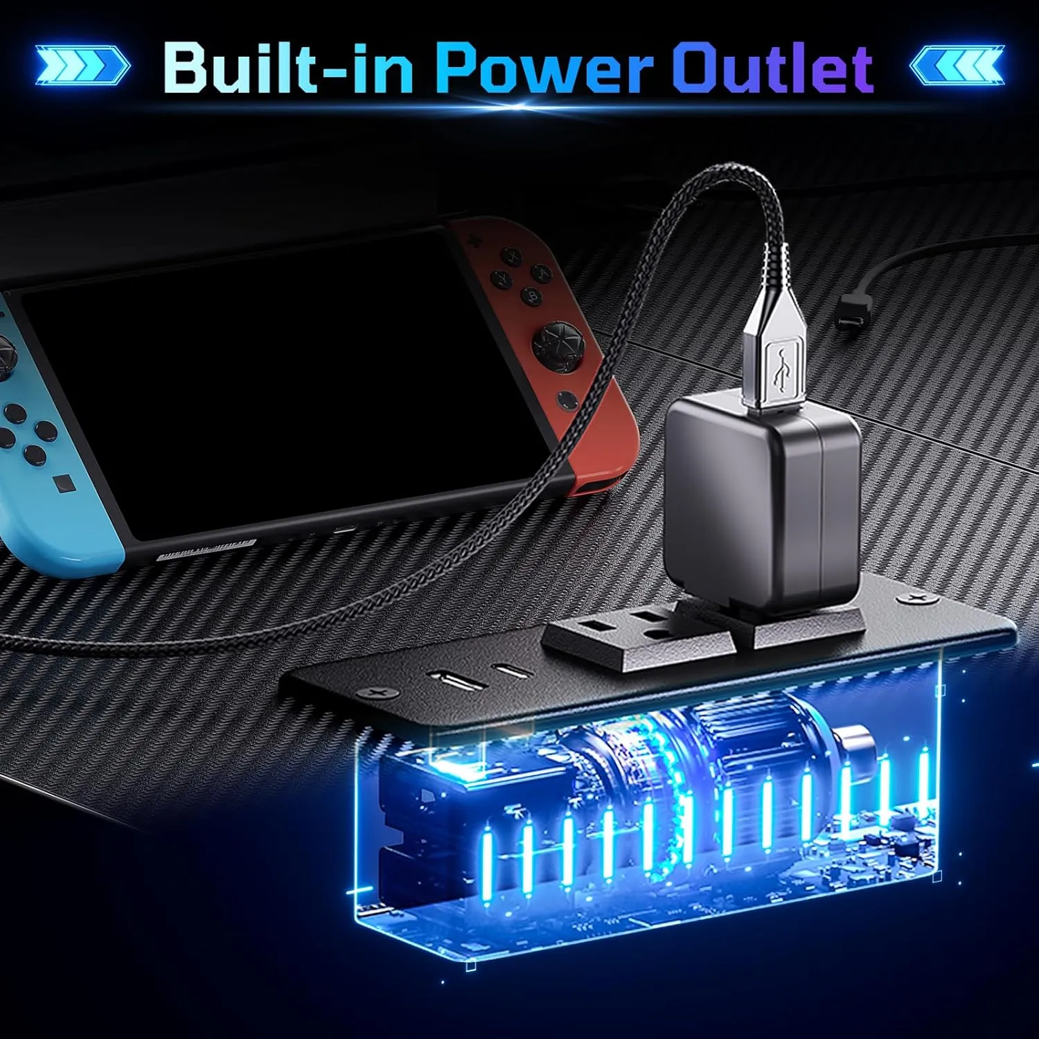 Bestier Gaming Desk with Power Outlets, 42" L-Shaped Gaming Desk with LED Lights, Desk with Reversible Storage Shelves & Hooks for Small Spaces, Bedrooms & Offices, Black Carbon Fiber