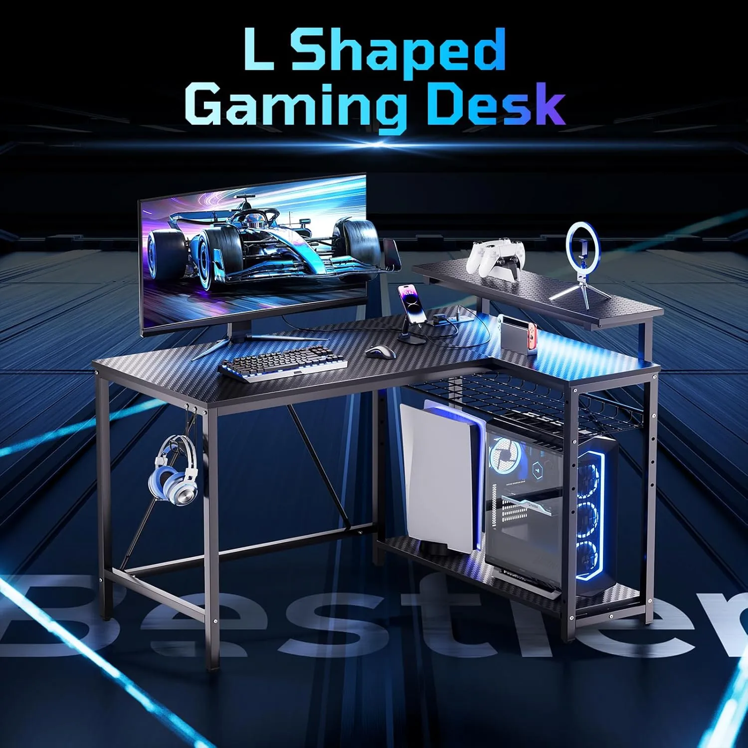 Bestier Gaming Desk with Power Outlets, 42" L-Shaped Gaming Desk with LED Lights, Desk with Reversible Storage Shelves & Hooks for Small Spaces, Bedrooms & Offices, Black Carbon Fiber