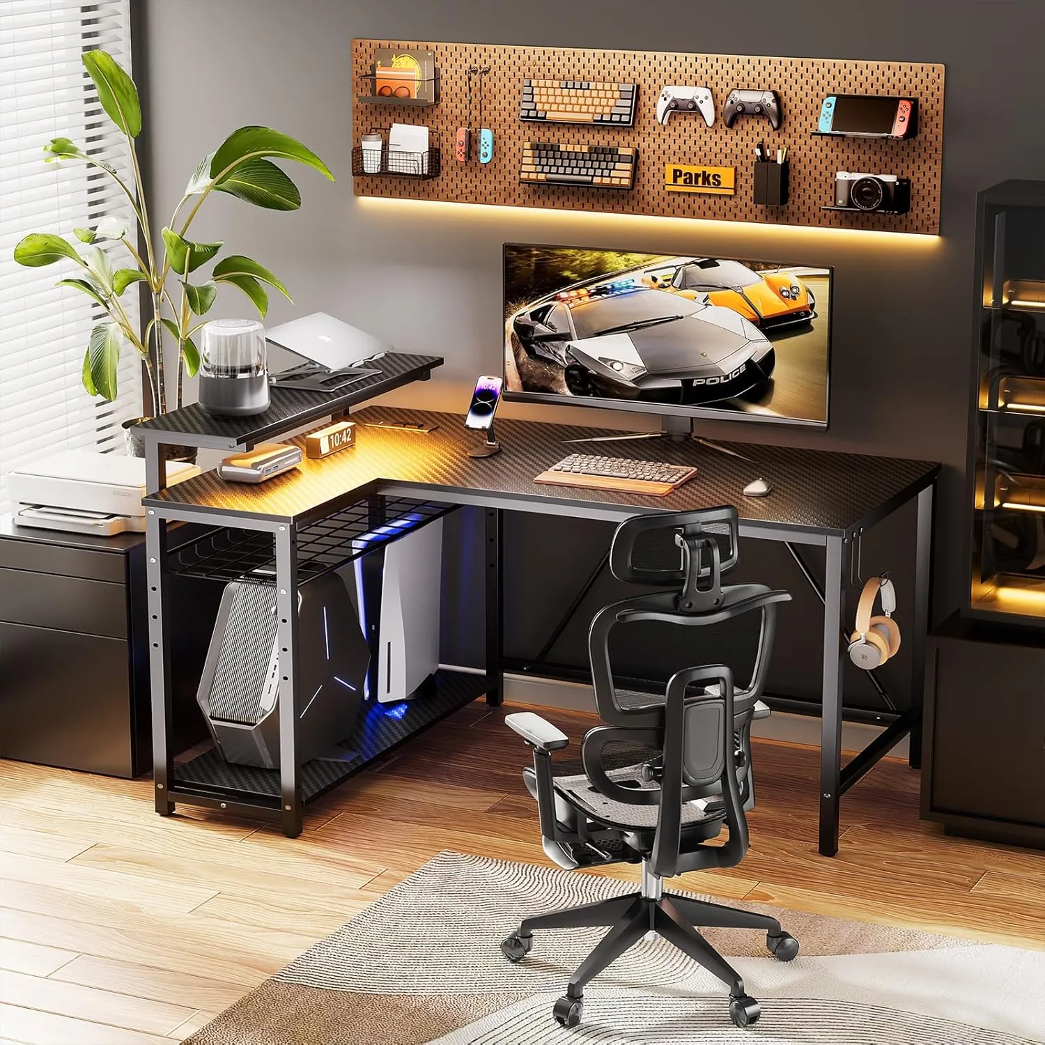 Bestier Gaming Desk with Power Outlets, 42" L-Shaped Gaming Desk with LED Lights, Desk with Reversible Storage Shelves & Hooks for Small Spaces, Bedrooms & Offices, Black Carbon Fiber