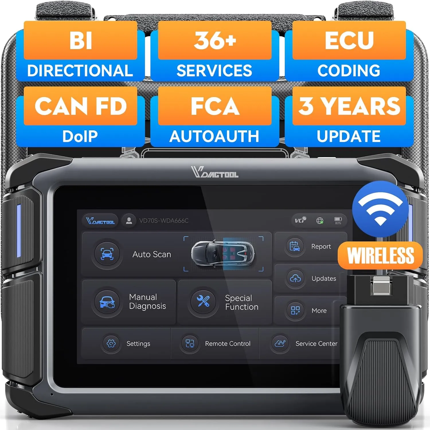 Bidirectional Scan Tool VDIAGTOOL VD70S, 2025 Wireless OBD2 Scanner Diagnostic Tool with 36  Resets, FCA Autoauth, CAN FD & DoIP, All System, ECU Coding, PMI, V.A.G. Guide, 3 Years Update
