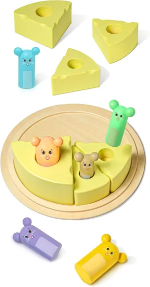 Bimi Boo Wooden Knobbed Cylinder Pegs for Toddlers - Shape Sorting & Matching Montessori Game - Size Learning Resource for Kids (6 Mice Pegs, 6 Cheese Blocks, 1 Plate)