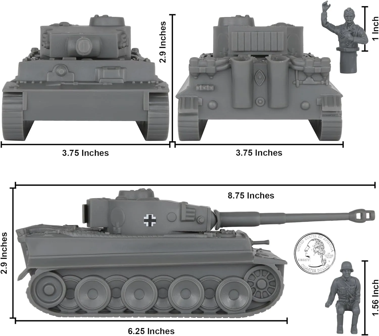 BMC CTS WW2 German Tiger I Tank - Gray 1:38 Plastic Army Men Military Vehicle