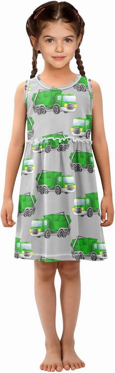 Boccsty Green Garbage Trucks Car Girls Dress Kids Toddler Casual Dresses Summer Dresses 2T