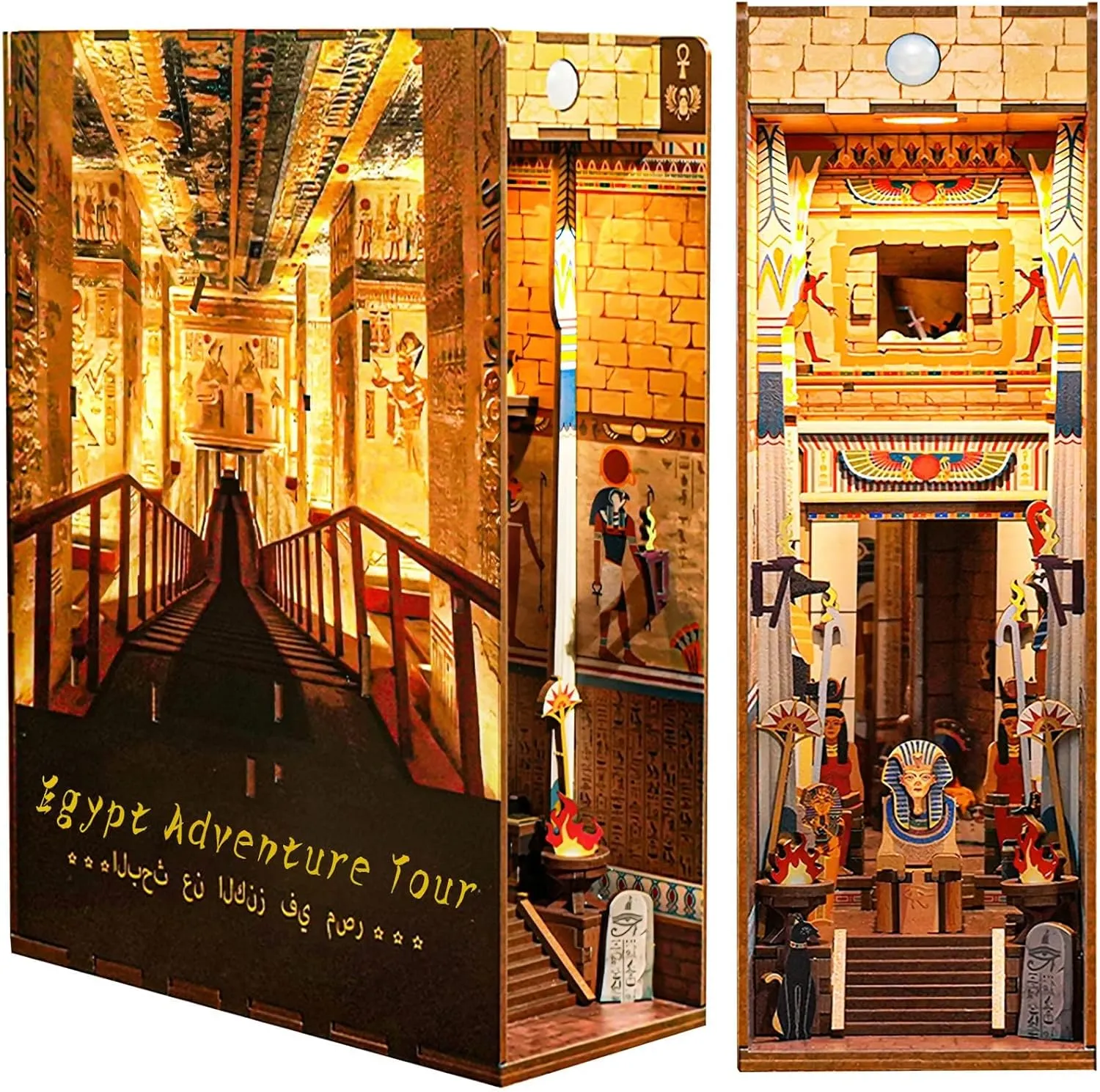 Book Nook Kit for Adults, DIY Booknook Miniature Dollhouse Kit Bookshelf Insert Decor Alley, Decorative Bookend Model Kits with LED Light/Human Sensor, Egyptian Adventure