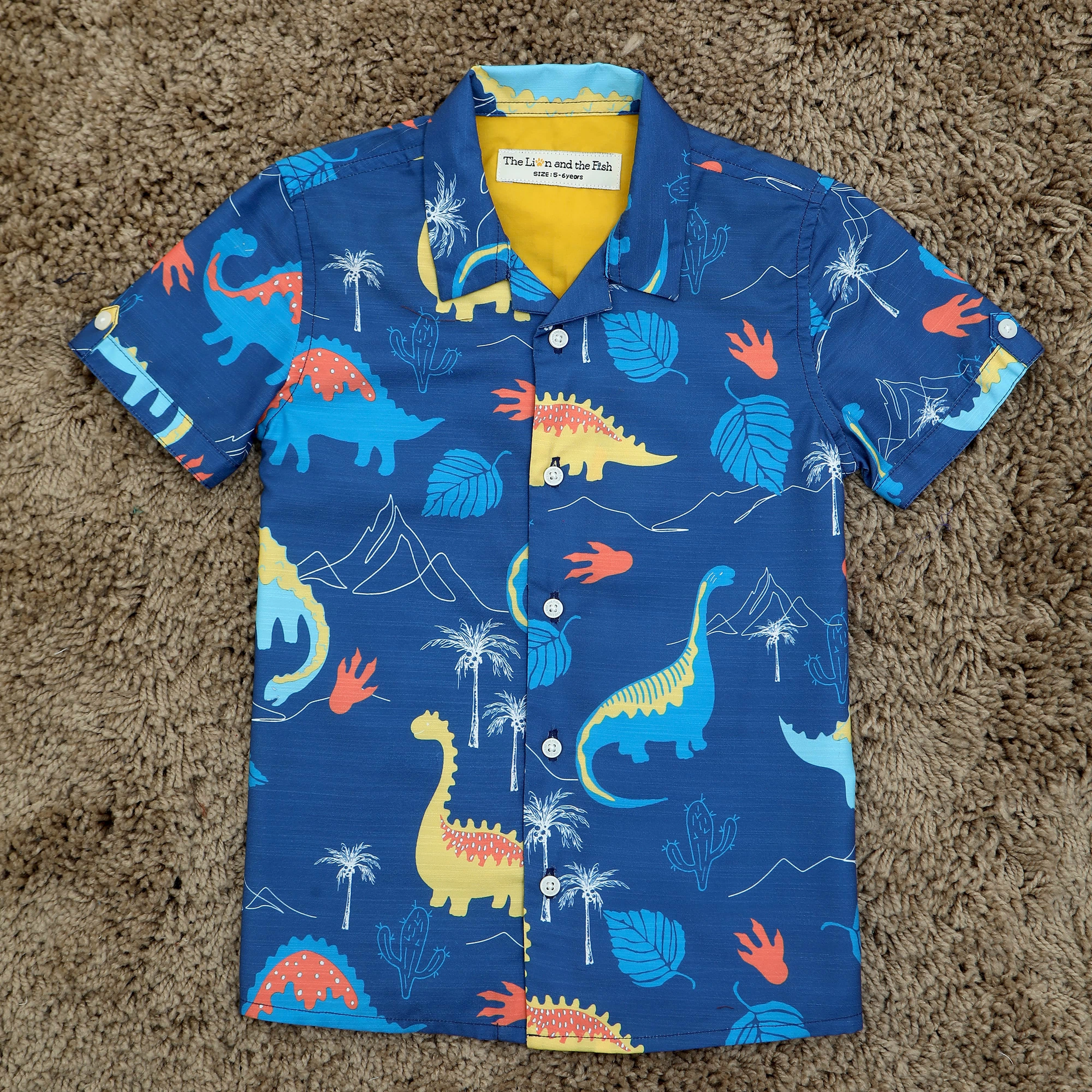 Boy's Dinosaur Print Navy Blue Shirt
