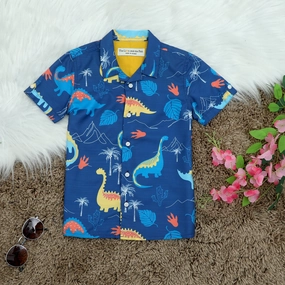 Boy's Dinosaur Print Navy Blue Shirt