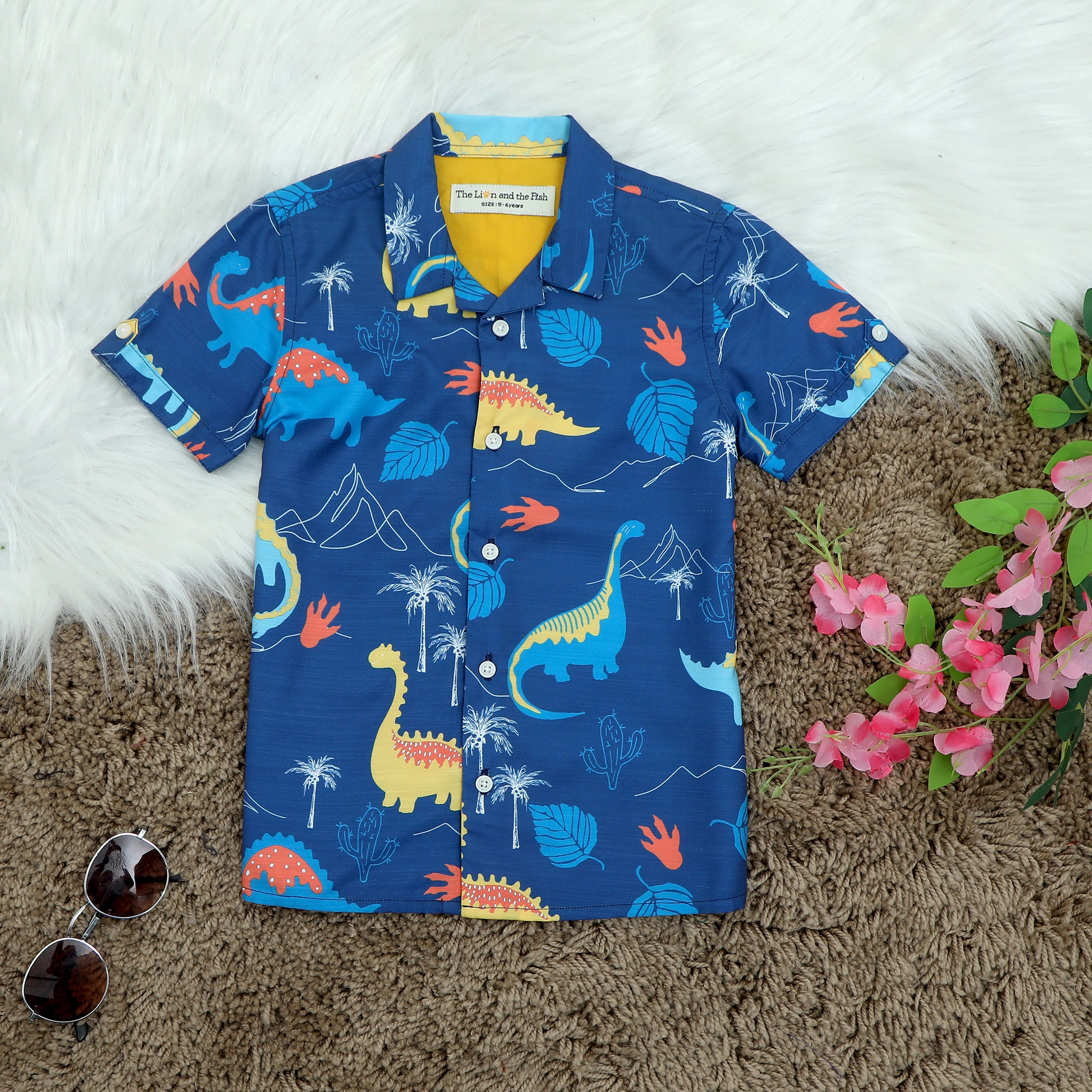 Boy's Dinosaur Print Navy Blue Shirt