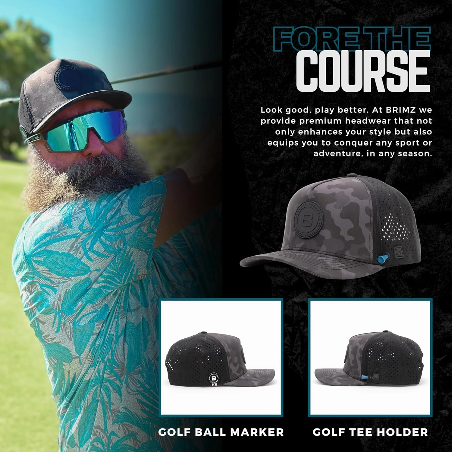 BRIMZ Golf Performance Hat - Tee Holder & Magnetic Ball Marker - Breathable, Sweat & Water Resistant Golfing Snapback Hat