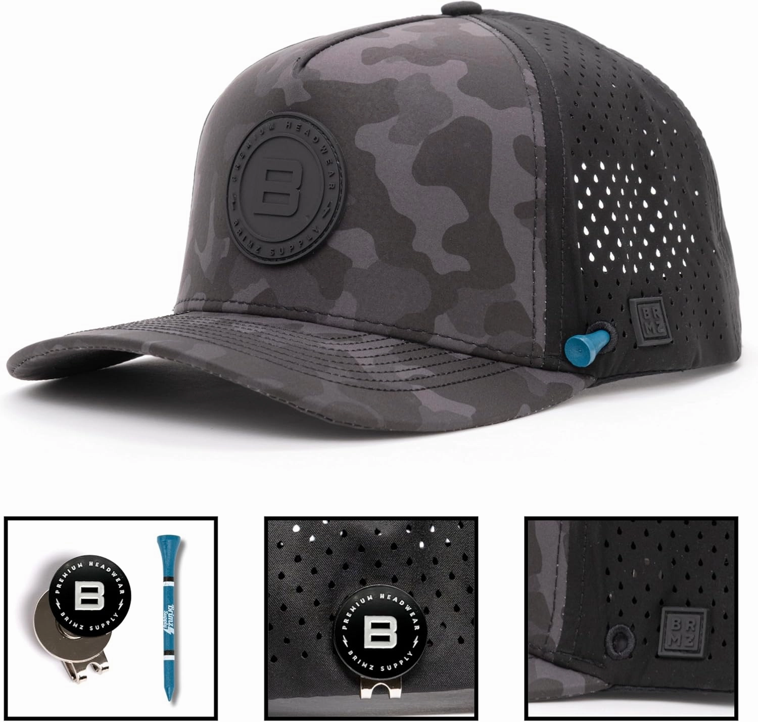 BRIMZ Golf Performance Hat - Tee Holder & Magnetic Ball Marker - Breathable, Sweat & Water Resistant Golfing Snapback Hat